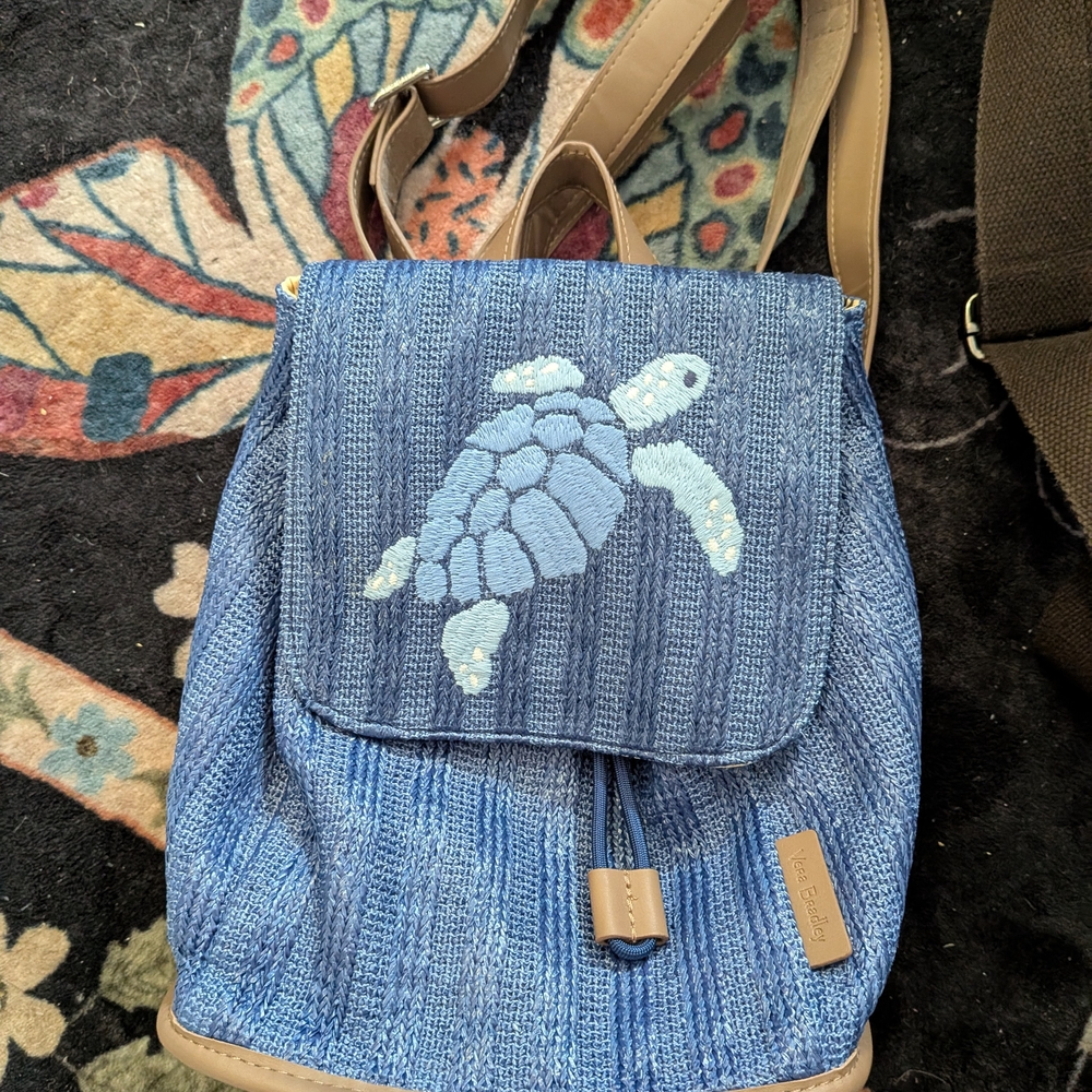 Vera Bradley Blue Knit Turtle Appliqué Backpack with Tan Trim